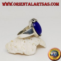 Silver ring with oval cabochon sodalite and decorations with floral marcasites on one side only