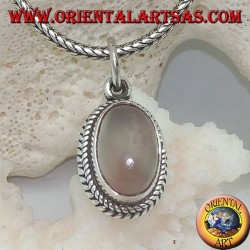Silver pendant with an elongated oval moonstone surrounded by subtle weaves