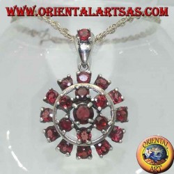 Round garnet silver pendant surrounded by a six-pointed star and a circle of garnets