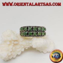 Band silver ring with two rows of round emeralds set and marcasite on the sides