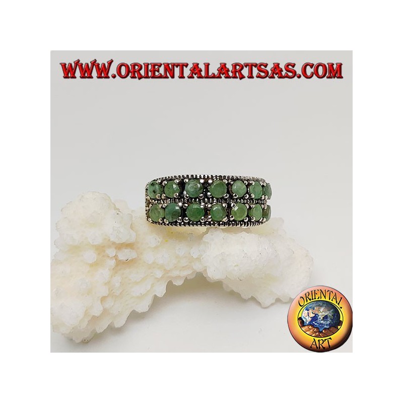 Band silver ring with two rows of round emeralds set and marcasite on the sides