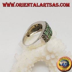 Band silver ring with two rows of round emeralds set and marcasite on the sides