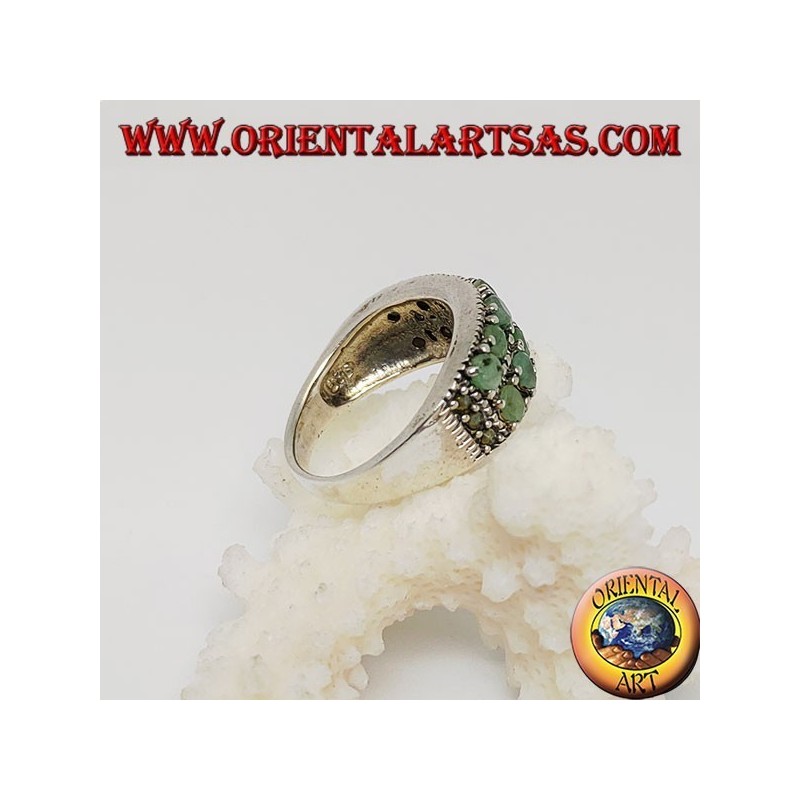 Band silver ring with two rows of round emeralds set and marcasite on the sides