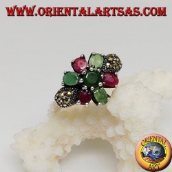 Silver hexagonal flower ring with emeralds and round natural rubies set and narcassite on the sides