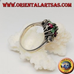 Silver hexagonal flower ring with emeralds and round natural rubies set and narcassite on the sides