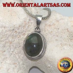 Silver pendant with oval cabochon labradorite surrounded by a thin weave