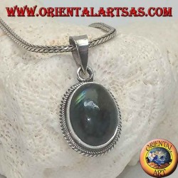 Silver pendant with oval cabochon labradorite surrounded by a thin weave