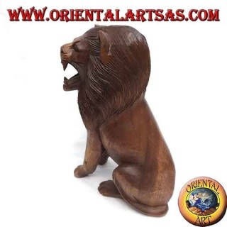 Escultura de león sentada en madera Suar de 30 cm tallada a mano en un solo bloque