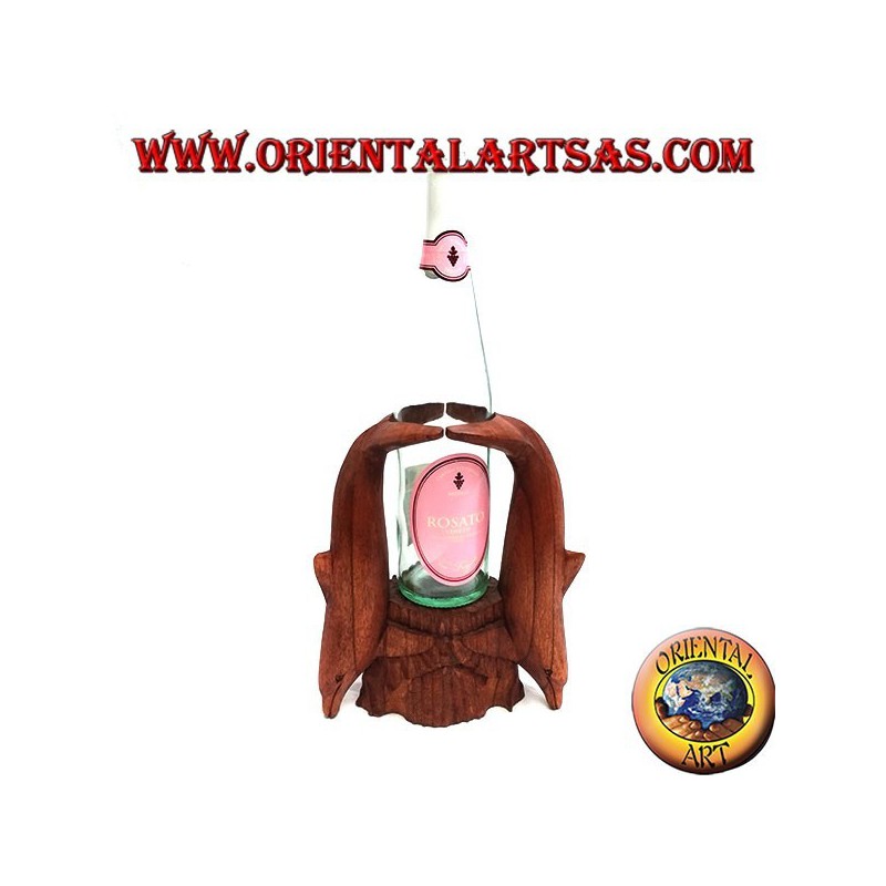 Bottle holder with sculpture of two dolphins in Suar wood acrobatics