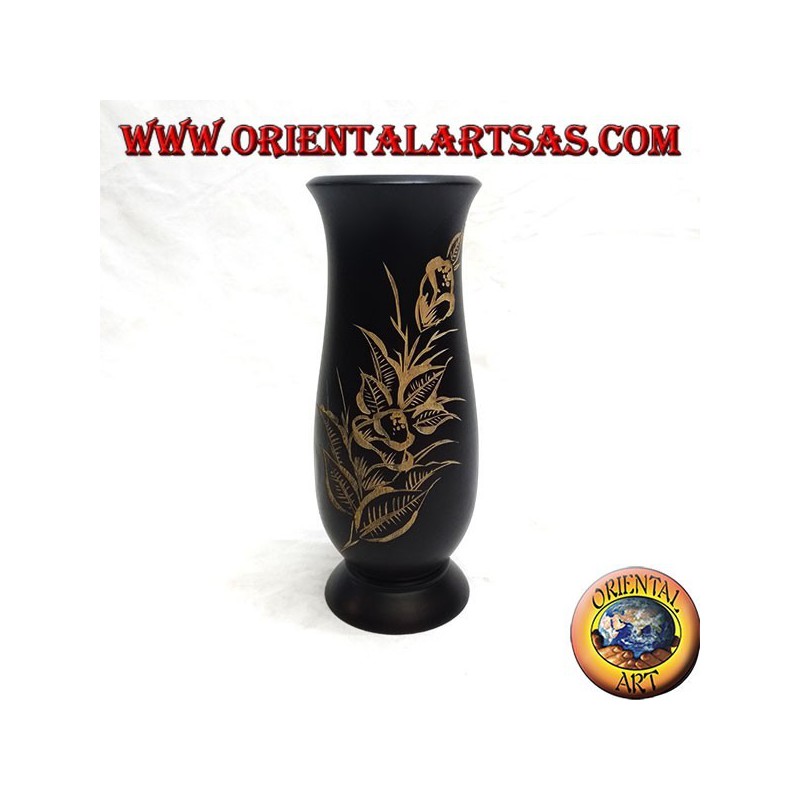 Vase à fleurs en acajou avec incisions florales 20 cm (étroit)