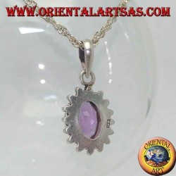 Silver pendant with faceted oval natural amethyst surrounded by intertwining and balls