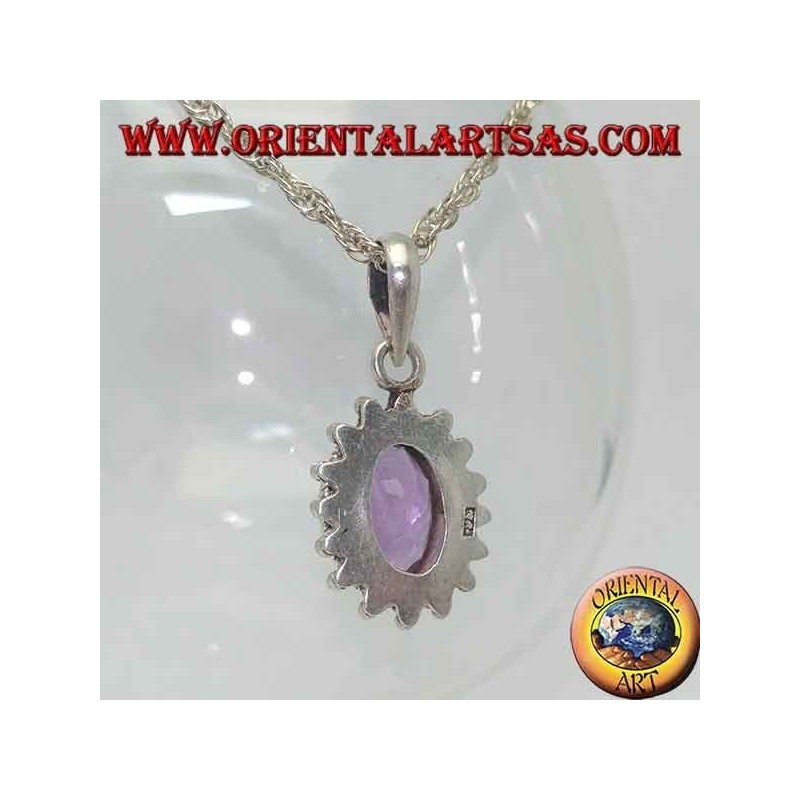 Silver pendant with faceted oval natural amethyst surrounded by intertwining and balls
