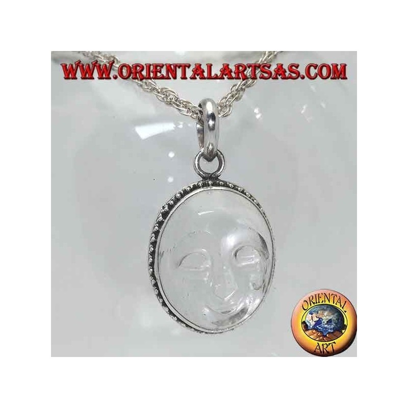 Colgante de plata con sol ahuecado en cristal de roca y borde decorado con puntos