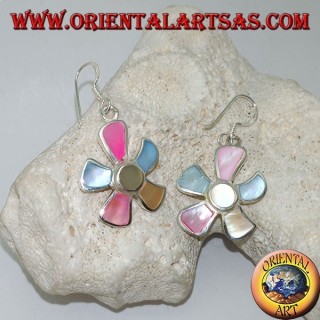 Starfish-shaped silver earrings with multicolor mother of pearl