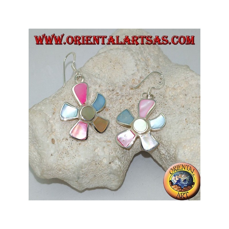 Starfish-shaped silver earrings with multicolor mother of pearl
