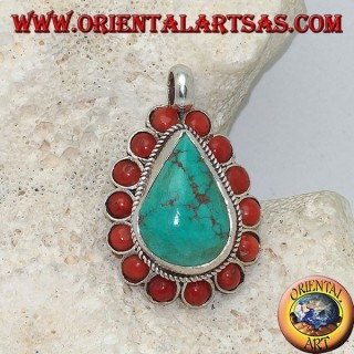 Ciondolo in argento tibetano con Turchese naturale a goccia e 14 coralli naturali da Ø 4mm. 