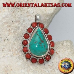 Tibetan silver pendant with natural teardrop turquoise and 14 natural corals of Ø 4mm.