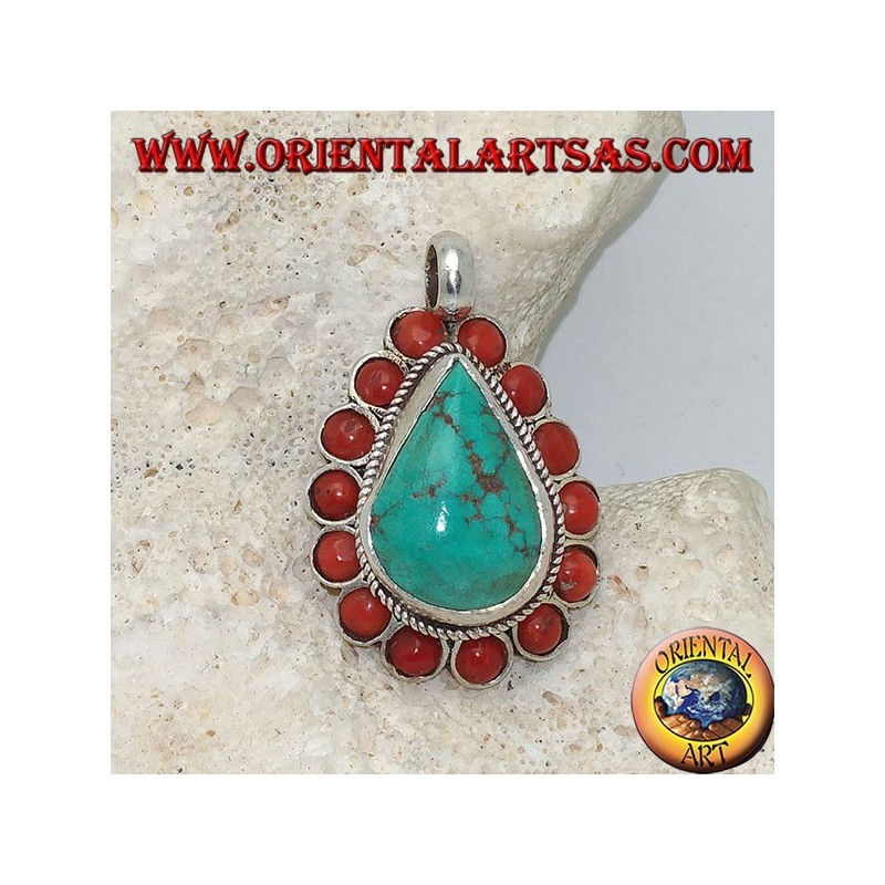 Pendentif tibétain en argent avec turquoise naturelle en forme de larme et 14 coraux naturels de Ø 4 mm.