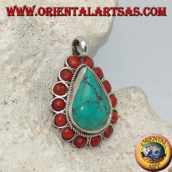 Colgante tibetano de plata con lágrima turquesa natural y 14 corales naturales de Ø 4 mm.