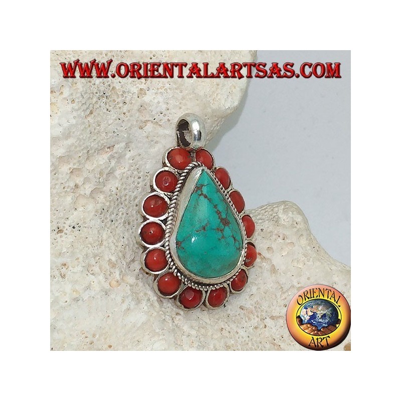 Colgante tibetano de plata con lágrima turquesa natural y 14 corales naturales de Ø 4 mm.