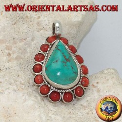 Colgante tibetano de plata con lágrima turquesa natural y 14 corales naturales de Ø 4 mm.