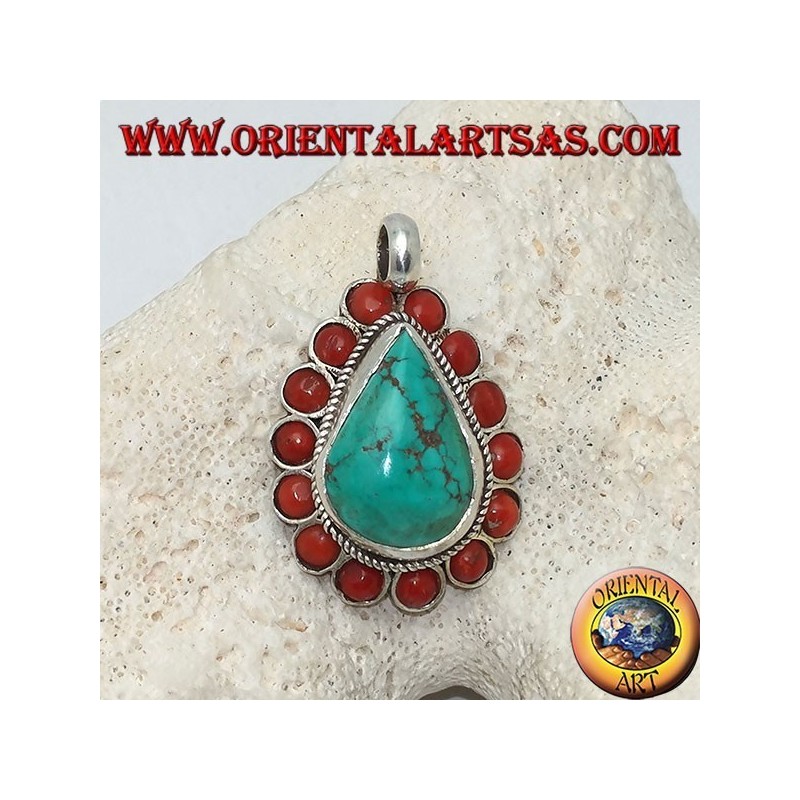 Pendentif tibétain en argent avec turquoise naturelle en forme de larme et 14 coraux naturels de Ø 4 mm.