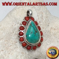Pendentif tibétain en argent avec turquoise naturelle en forme de larme et 14 coraux naturels de Ø 4 mm.