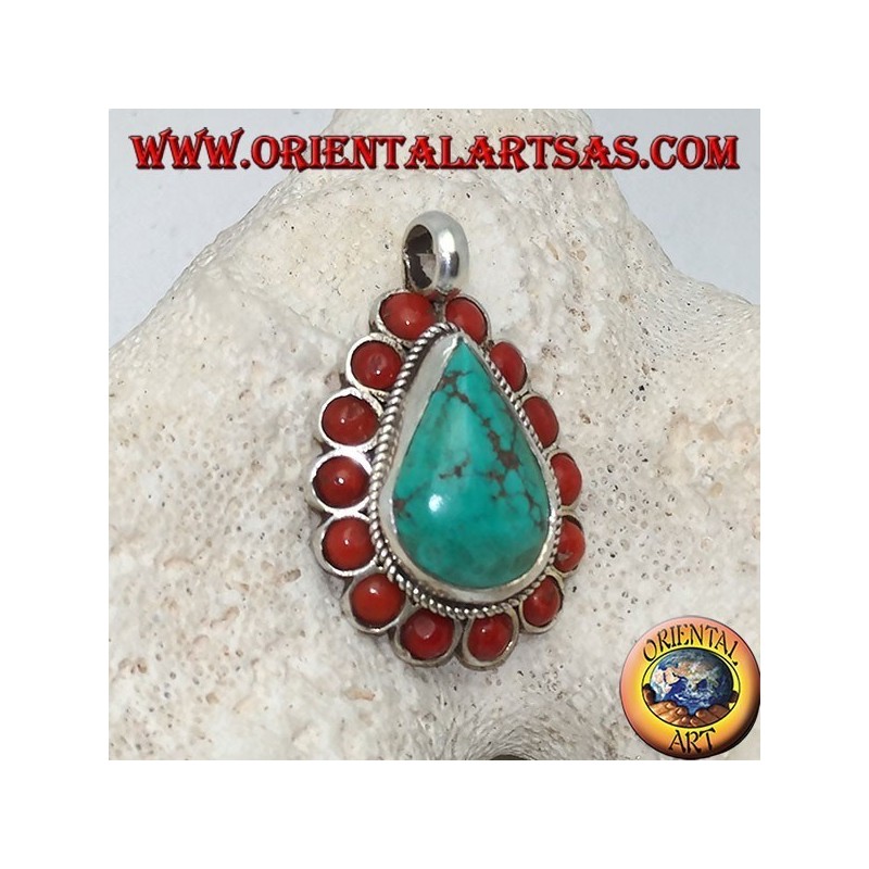 Tibetan silver pendant with natural teardrop turquoise and 14 natural corals of Ø 4mm.
