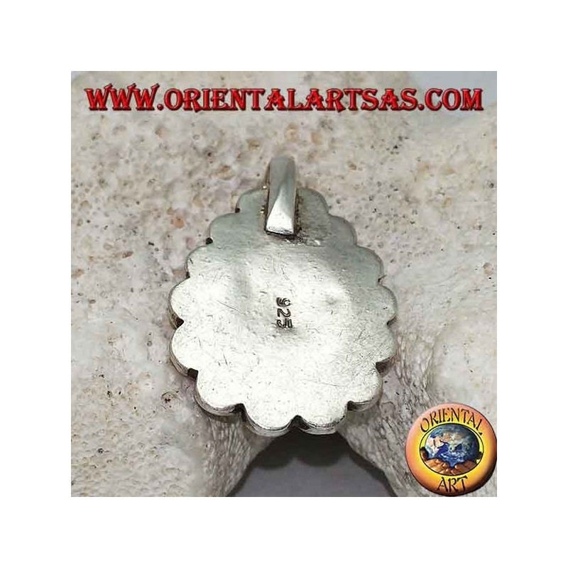Tibetan silver pendant with natural teardrop turquoise and 14 natural corals of Ø 4mm.