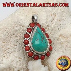 Colgante tibetano de plata con lágrima turquesa natural y 14 corales naturales de Ø 4 mm.