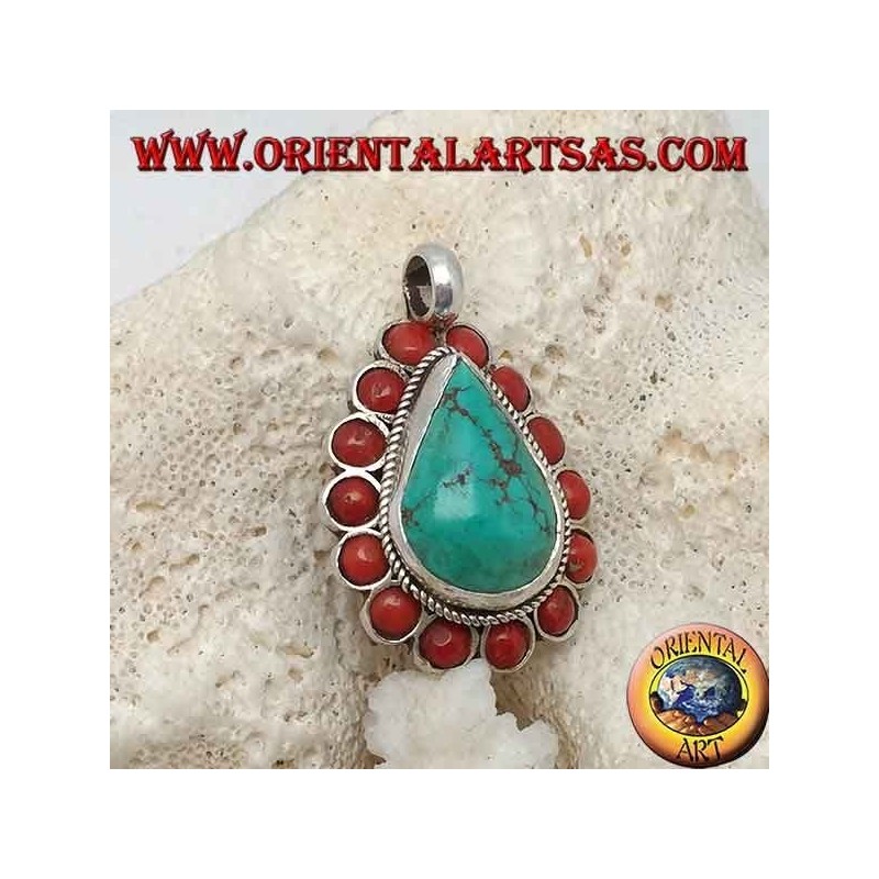 Pendentif tibétain en argent avec turquoise naturelle en forme de larme et 14 coraux naturels de Ø 4 mm.