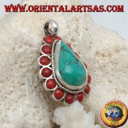 Tibetan silver pendant with natural teardrop turquoise and 14 natural corals of Ø 4mm.