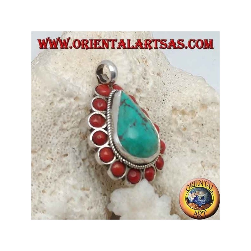 Pendentif tibétain en argent avec turquoise naturelle en forme de larme et 14 coraux naturels de Ø 4 mm.