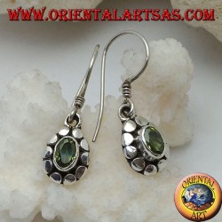 Silver earrings with natural oval peridot surrounded by discs