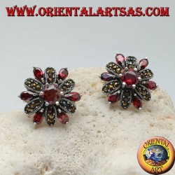 Silver flower earrings with embedded and marcasite garnet petals