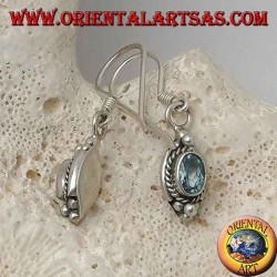 Silver earrings with natural oval blue topaz surrounded by intertwining and three balls above and below