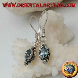 Silver earrings with natural oval blue topaz surrounded by intertwining and three balls above and below