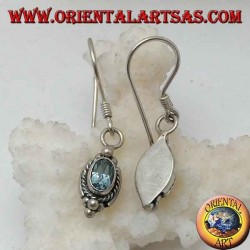 Silver earrings with natural oval blue topaz surrounded by intertwining and three balls above and below
