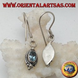 Silver earrings with natural oval blue topaz surrounded by intertwining and three balls above and below