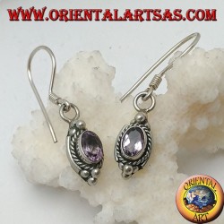 Silver earrings with natural oval amethyst surrounded by intertwining and three balls above and below