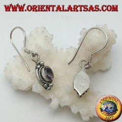 Silver earrings with natural oval amethyst surrounded by intertwining and three balls above and below