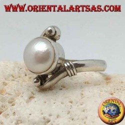 Silver ring with natural pearl in the center between helical arms