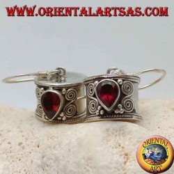 Cylinder silver earrings with inverted garnet drop with double spiral on the sides