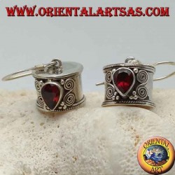 Cylinder silver earrings with inverted garnet drop with double spiral on the sides