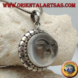 Pendentif en argent avec soleil creusé sur un cristal de roche rond et un contour de disquette