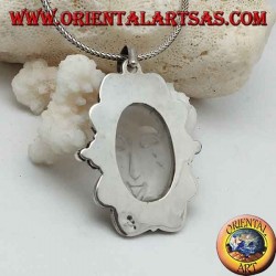 Silver pendant with sun set on oval rock crystal and decorated border