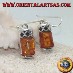 Silver earrings with amber cabochon rectangular and silver with three perforated rhombuses above