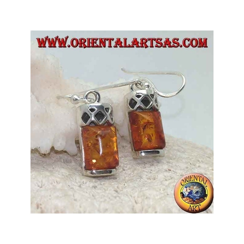 Silver earrings with amber cabochon rectangular and silver with three perforated rhombuses above