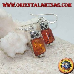 Silver earrings with amber cabochon rectangular and silver with three perforated rhombuses above