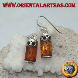 Silver earrings with amber cabochon rectangular and silver with three perforated rhombuses above